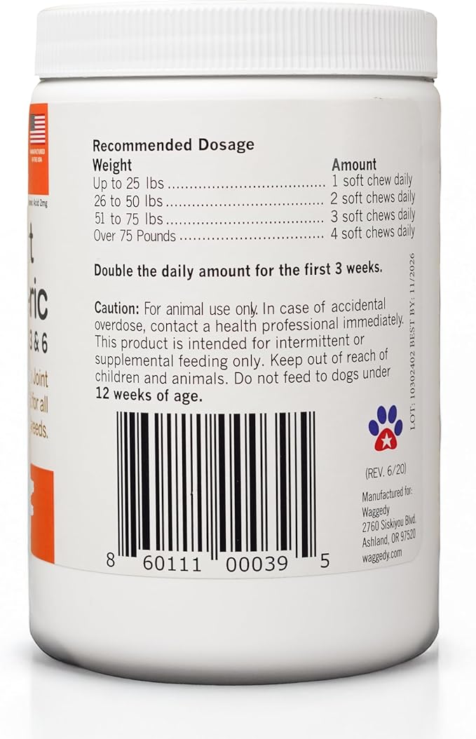 waggedy Hip and Joint Turmeric Complete Dog Supplements for Joints with Glucosamine, MSM, HA & Omega Fatty Acids Daily Glucosamine for Dogs to Improve Flexibility & Mobility (120 Dog Chews)