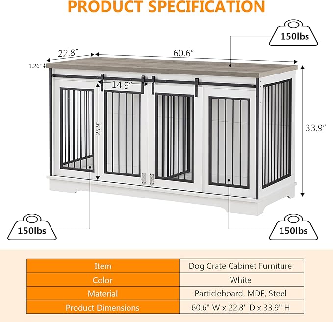 60.6 Inch Double Dog Crate with Divider, 2-in-1 Heavy Duty Dog Crate TV Stand with 2 Sliding Doors and Thick Iron, Indoor Dog House for 2 Dogs (White)