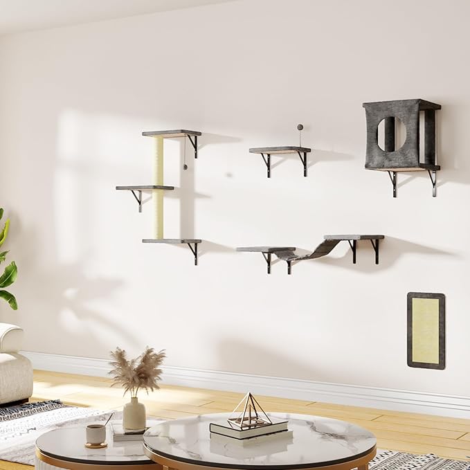 NUNU LAB Cat Wall Shelves, 10-in-1 Wall-Mounted Cat Furniture Set, Large Cat Climber Set with House, Bridge, Steps, Scratcher, DIY Playground, Shelves for Indoor Wall Furniture Set - Gray