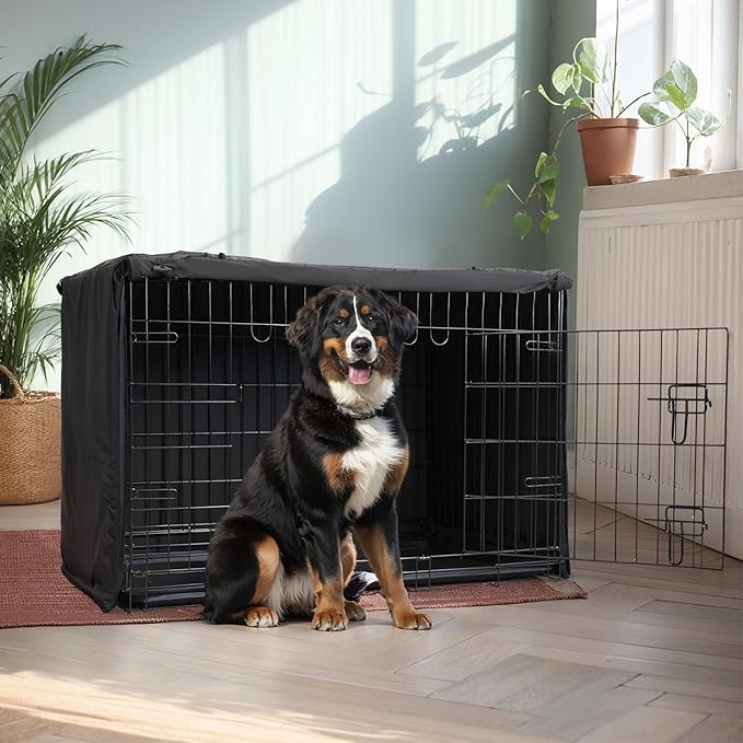 Veehoo 48 inch Dog Crate for Large Dogs with Three Doors & Cover-Metal Wire Dog Cage Kennels & Houses for Puppy&Cat, Indoor Outdoor Collapsible Metal Contour Dog Crate Kennels Kit with Removable Tray