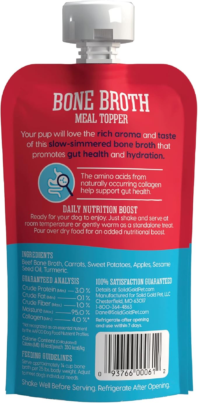 Solid Gold Beef Bone Broth for Dogs - Grain Free Dog Food Topper Rich in Collagen and Superfoods - Nutrient Dense Dog Gravy Topper for Dry Food - Promotes Gut Health and Hydration - 12 Pack