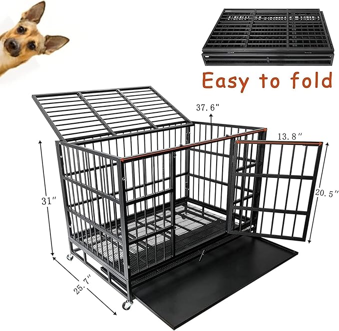 48/38 Inch Heavy Duty Indestructible Dog Kennel with Wheels, High Anxiety Crate, Sturdy Locks, Double Door and Removable Tray Design, Extra Large XL Crate