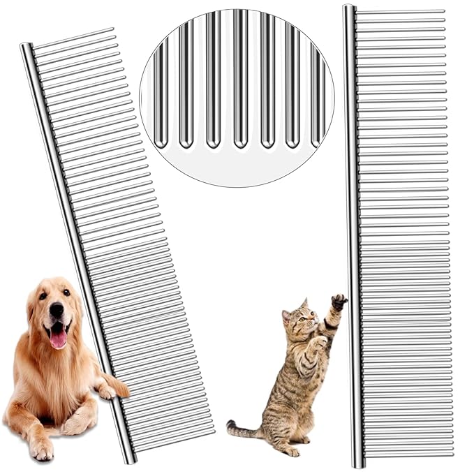 Metal Comb for Dogs, Metal Dog Combs, 2 Pack Cat Comb with Rounded Ends Stainless Steel Teeth, Professional Grooming Tool for Long and Short Matted Haired, Njiszhi 7.48IN*1.57IN