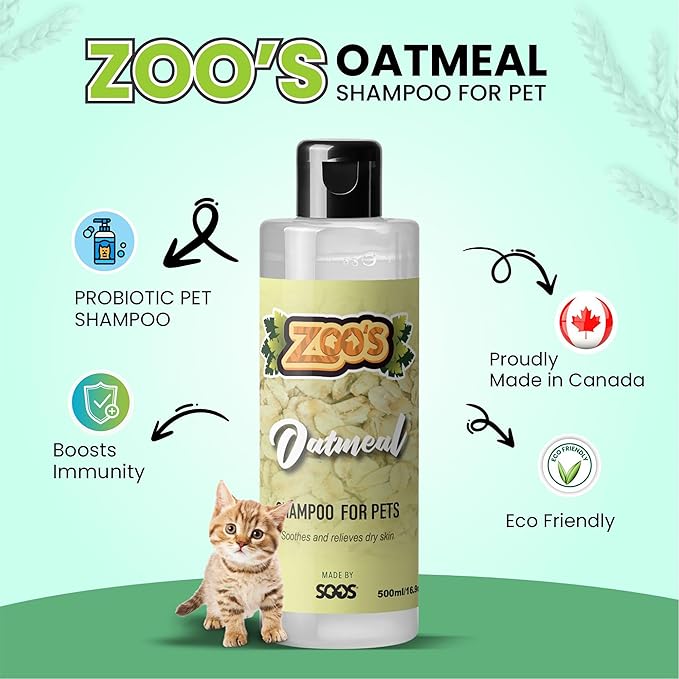 Zoo’s Pet Oatmeal Dog Shampoo for Cats and Pets Fast Absorbing Moisturize Skin Provides Relief to Dry, Itchy Skin While Softening Your Pet’s Coat - 1x Dog and Cat Shampoo (500ml / 16.9oz)