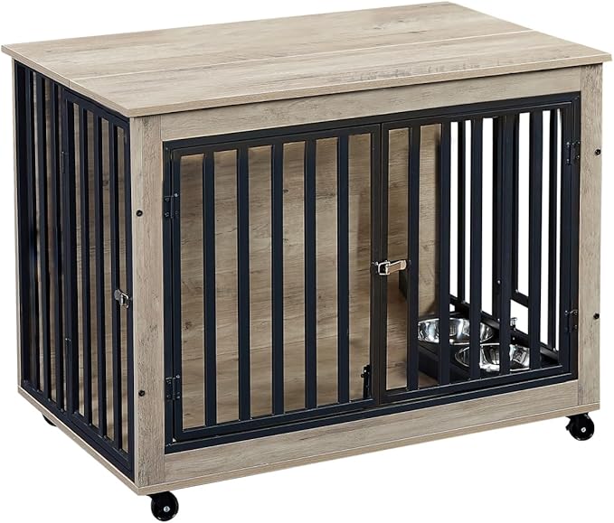 Dog Crate Furniture, Dog House Indoor with Feeding Bowl and Wheels, Wood Dog Crate Dog Kennels Decorative Dog Crate for Small Medium Dogs Grey 38.58" W x 25.2" D x 27.17" H One Size