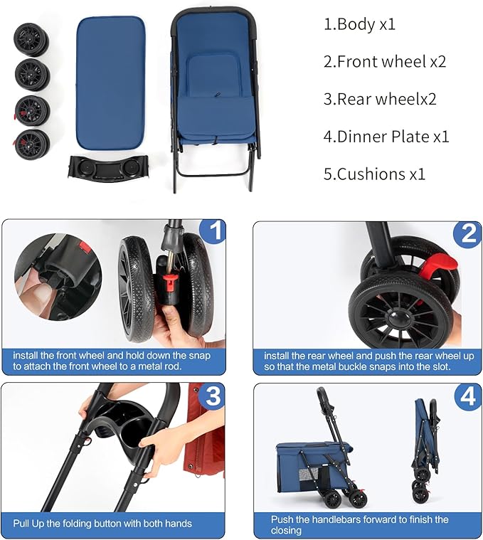 Pet Stroller Cat Dog Stroller Travel Folding Pet Carriers(Blue)