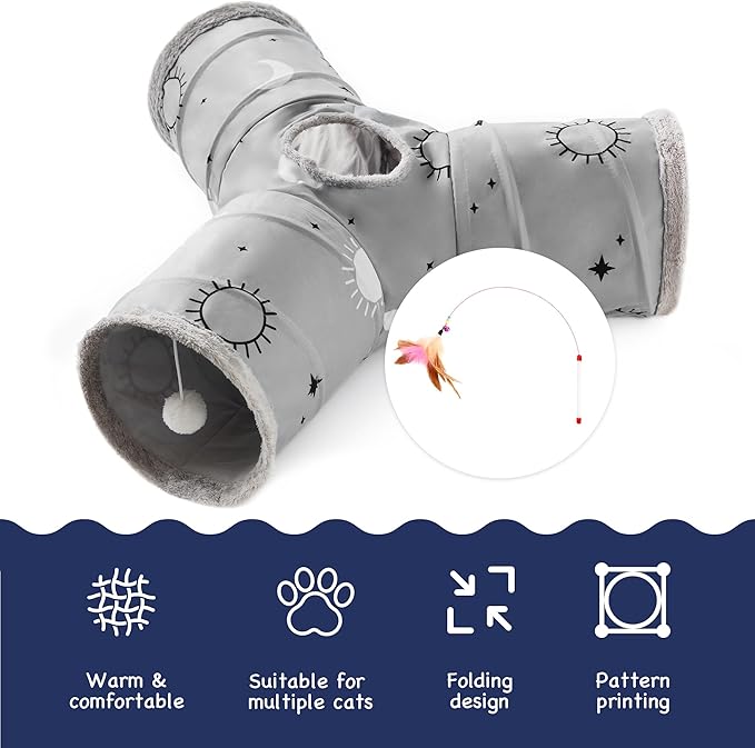 Tempcore Pet Cat Tunnel Tube Cat Toys 3 Way Collapsible, Cat Tunnels for Indoor Cats Fleece-Lined in for Warmth,Kitty Tunnel Bored Pet Toys Peek Hole Toy Ball Puppy, Kitten, Rabbit Gray Sun