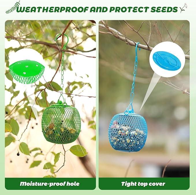 Set of 3 Ball Bird Feeder Squirrel Proof Feeder for Outdoors, Hanging Metal Bird Seed Holder,Mesh Bird Feeders for Garden and Backyard Decoration, Green, Blue,Orange