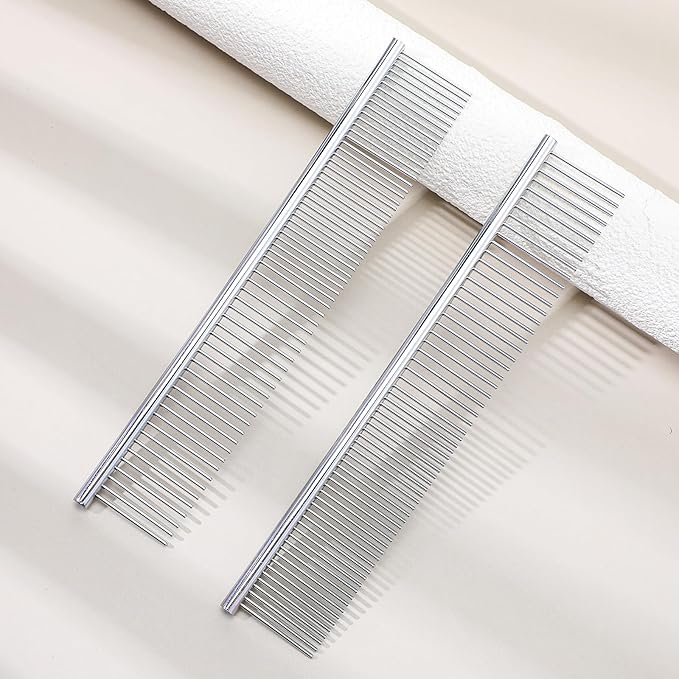 2PCS Pet Steel Combs, Rounded Ends Dog Grooming Comb Silver Cat Steel Grooming Tool Remove Matted Fur Dog Cat Comb Tool Pet Dematting Comb for Long and Short Haired Dogs Cats