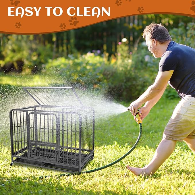 43.3inch Indestructible Metal Dog Crates for Large Dogs, Heavy Duty Escape Proof Dog Kennel Indoor Extra Large Dog Crate with Lockable Wheels, XL Dog Crate 43.3" L x 28.3" W x 37.8" H