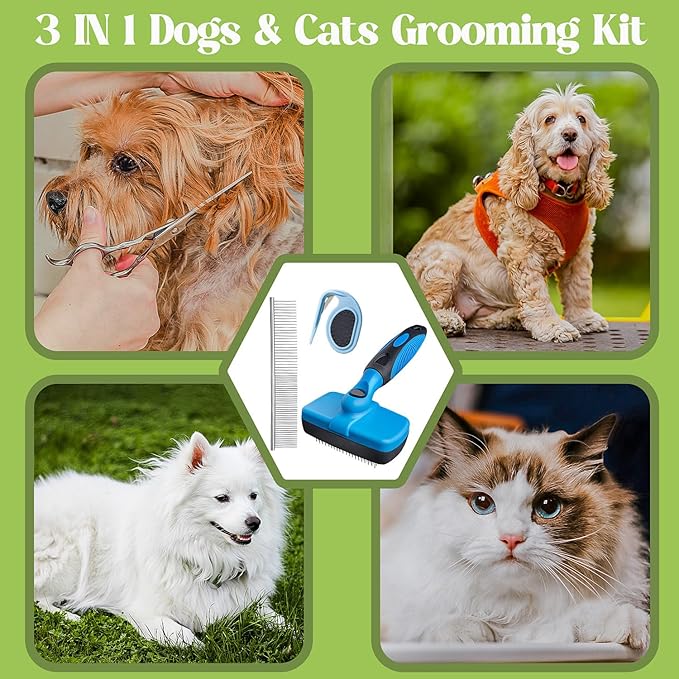 3 PCS Deshedding Dog Brush Grooming Kit for Pet Dogs Cats Poodle Dematting Comb for Removing Tangles and Knots Slicker Cat Matted Fur Cutter Pet Hair Remover Tool For Short & Long Hair