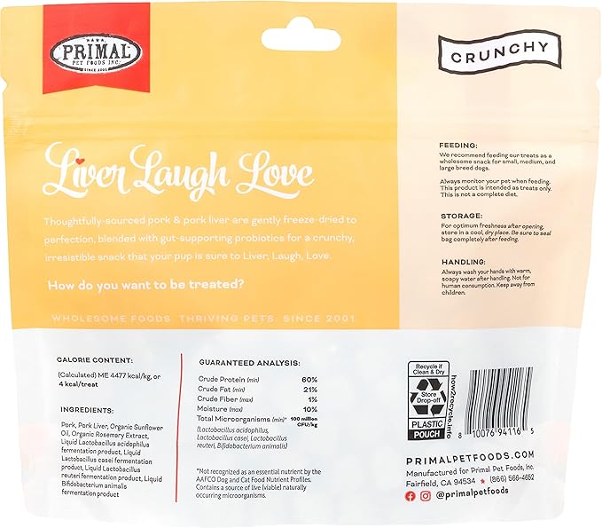 Primal Freeze Dried Dog Treats; Pork Liver Dog Treats with Probiotics for Dogs; Liver, Laugh, Love; Crunchy Grain Free Training Treats for Dogs, 1.5 oz