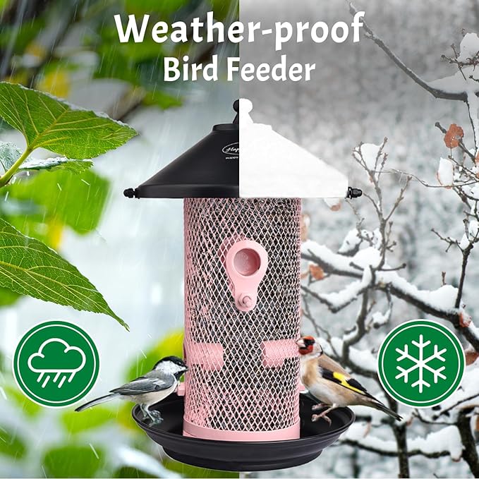 Happy Wings Hanging Metal Mesh Tube Bird Feeder for Wild Birds- Pink I 4 Metal Perches I Durable & Heavy -Duty I Weatherproof, Completely Removable Finch Bird Feeder for Balcony - 2 Lb Capacity