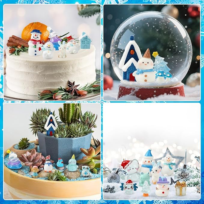 56 Pcs Winter Mini Resin Animals, Winter Miniature Blue Figures Tiny Resin Snowman Penguin Snowflake Duck Elk Christmastree for DIY Winter Snow Globes Crafts Fairy Garden Home Decor