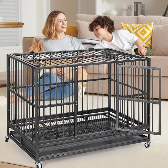 48 Heavy Duty Dog Crate, Cage Kennel with Wheels&Brakes, High Anxiety Indestructible, Sturdy Locks Design, Double Door and Removable Tray, for Large Pets