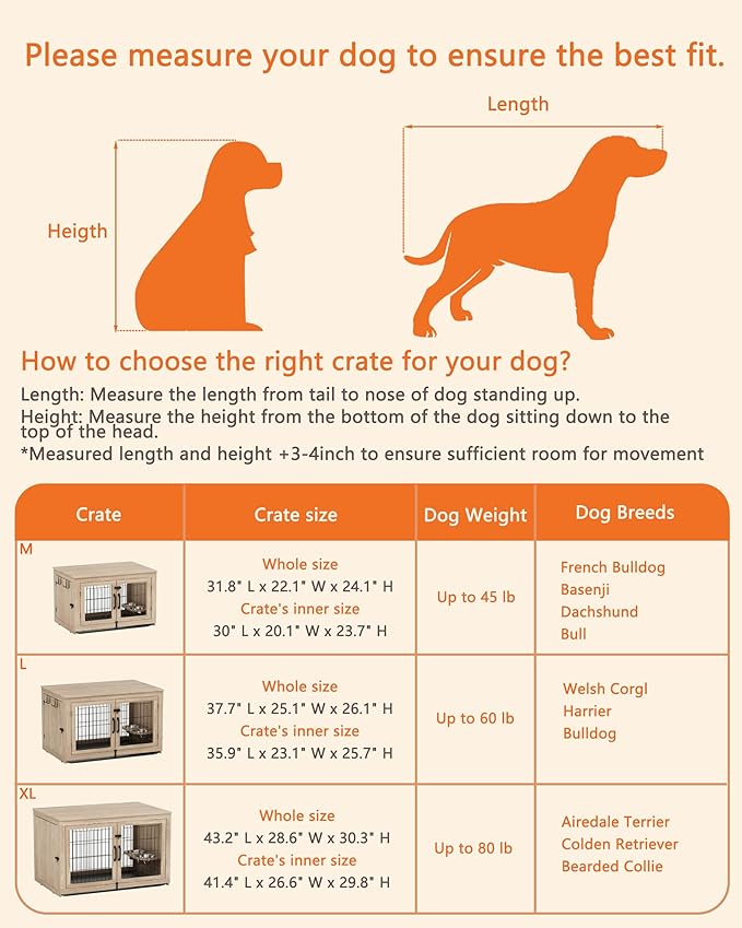 Piskyet Wooden Dog Crate Furniture with 360°Rotatable Removable Dog Bowls, Dog Crate End Table with Tray, Double Doors Dog Kennels for Dogs(L:37.7" L*25.1" W*26.1" H, Gray)