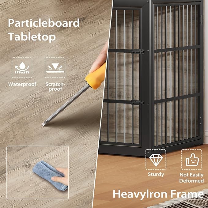 Rovibek 48 Inch Large Dog Crate with 2 Height Adjustable Dog Bowls 360° Rotatable, Extra Large Dog Kennel Indoor as End Table, Dog Cage Furniture for Large Dogs, Heavy Duty, Grey