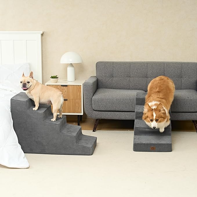 EHEYCIGA Dog Stairs for Small Dog 19.7”H, 4-Step Slope Dog Stairs for High Beds and Couch, Pet Steps with Non-Slip Bottom, Low Ramp and Larger Step Area