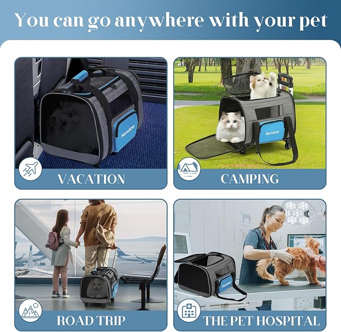 Cat Carrier with Wheels, Foldable, Airline Approved Pet Carrier for Dogs Cats Carrier Under 20 lbs, Soft Rolling Pet Carrier Travel Bag with Tie Rod for Hiking/Camping/Veterinary Visits