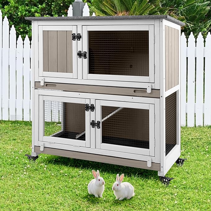 2 Story Rabbit Hutch Indoor with 2 Deeper Pull-Out Trays, Wooden Rabbit Cage with 4 Lockable Wheels, Ramp, Chew-Anti Metal Strip for Rabbit, Guinea Pig, Hamster(36" L x 17.8" W x 36.7" H)