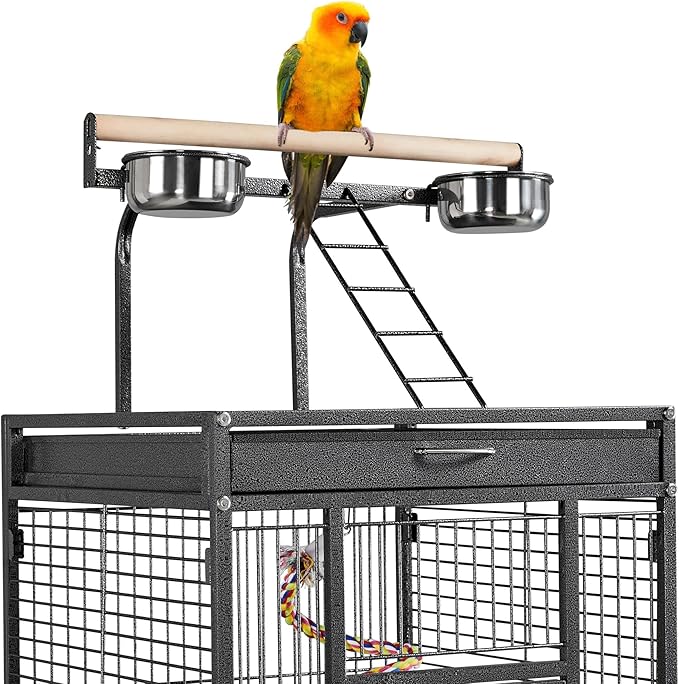 Yaheetech 61-inch Playtop Wrought Iron Large Parrot Bird Cages with Rolling Stand for Cockatiels Amazon Parrot Quaker Conure Parakeet Lovebird Finch Canary Small Medium Parrot Cage Birdcage, Black