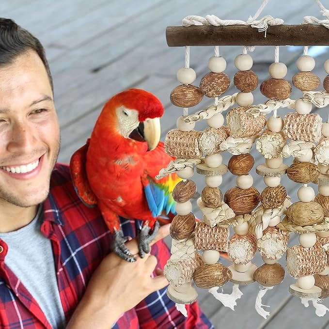 PINVNBY Large Parrot Toys Natural Nuts Corn Cob Wooden Chewing Tearing Toy for African Grey Macaws Amazon Cockatoos Eclectus Conures Cockatiels Cockatoo and Large Medium Birds (Natural)