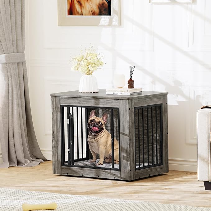 YITAHOME 32.5" L Dog Crate Furniture for Medium Dogs, 2-in-1 Iron-Wood Fusion Dog cage Indoor up to 40 lb, Side End Table, Modern Dogs Kennel with Waterproof Top, Safety Corners,Steel Lock,Grey