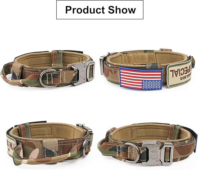 KCUCOP Tactical Dog Collar - Heavy Duty Dog Collar with Handle and Metal Buckle, Military Thick Dog Collars for Medium and Large Dogs(Upgrade Camo-M, 2 Patches)