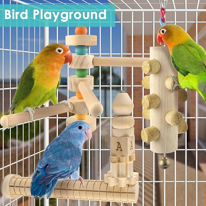 3pcs Natural Wood Bird Chewing Toys, Parrot Rotating Perch Stand, L-Shaped Perches with Chew Block, Hanging Cork Stopper Toys, Bird Cage Accessories for Parakeets Cockatiels Conures Lovebirds