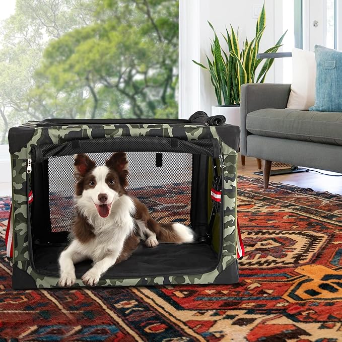 4 Door Portable Folding Dog Soft Crate, Quick Portable with Mesh Mat,Strong Steel Frame,Washable Fabric to Protect Pour pet's Health Indoor, Outdoor, Training & Travel Purposes Collapsible Dog Crate