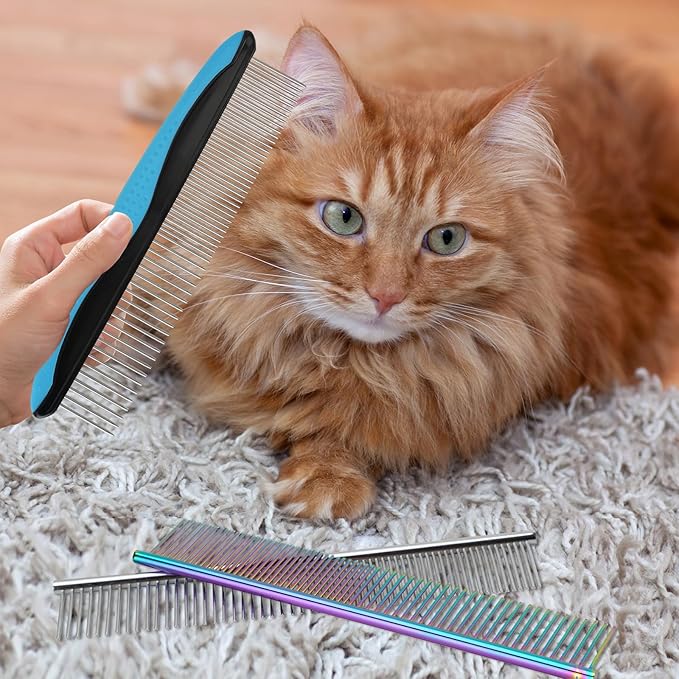3 PCS Dog Combs for Grooming Matting, Pet Grooming Tools, 2 in 1 Dog Combs with Rounded Ends Stainless Steel Teeth, Cat Comb for Removing Tangles and Knots, Pet Comb, metal comb for dogs, 7.4IN/1.3IN