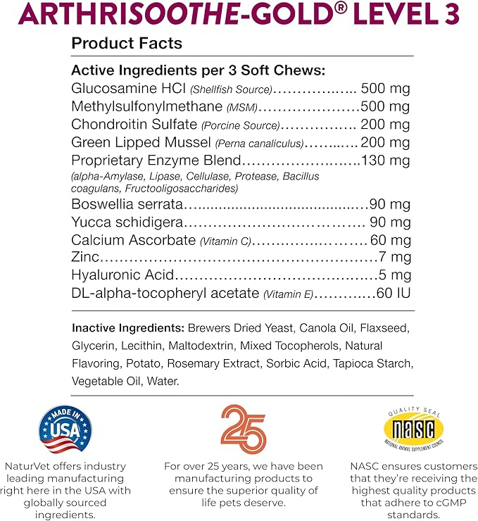 NaturVet ArthriSoothe-Gold Level 3 Advanced Joint Care for Dogs Soft Chew Dog Supplement with Glucosamine, MSM, Chondroitin & Hyaluronic Acid Wheat-Free Pet Supplements 180 Ct.