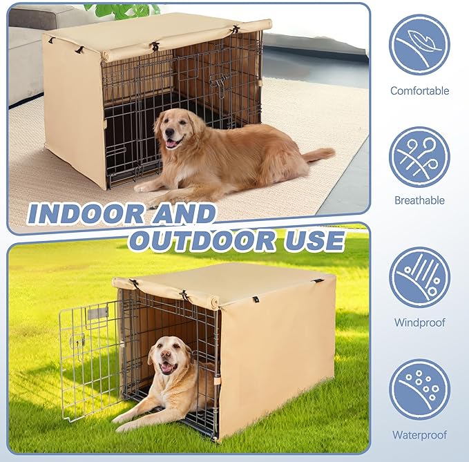Akinerri Dog Crate Cover - Double Door Waterproof Pet Kennel Cover, Durable 600D Polyester Protective Cage Cover for 24/30/36/42/48 Inch Dog Crate - Beige