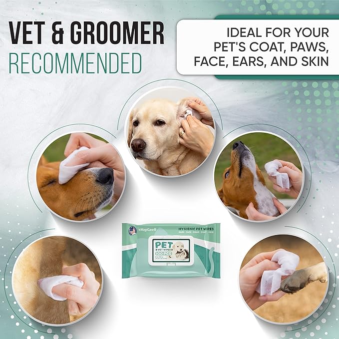 MAGICARE Dog Wipes for Paws, Butt, Ears & Eyes 100 Extra Wet & Thick Unscented Grooming Pet Wipes for Dogs & Cats Deodorizing, Hypoallergenic Made in USA