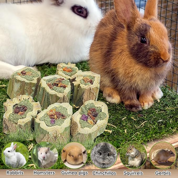 Fhiny Rabbit Chew Toys Natural Papaya Wood Treats Small Pet Molar Snacks Contain Grass Apple Carrot and Purple Sweet Potato Filling for Bunny Hamsters Guinea Pigs Chinchillas Teeth Grinding(0.44 lb)