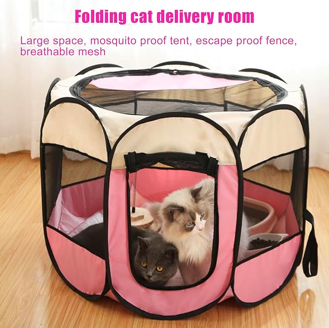 Cat Playpen Indoor, Portable Pet Play Pen for Outdoor Cat, Pink Kitten Birthing Box Exercise Playpen Tent, Waterproof Travel Dog House Kennel Camping Cage for Small Dog Animal House