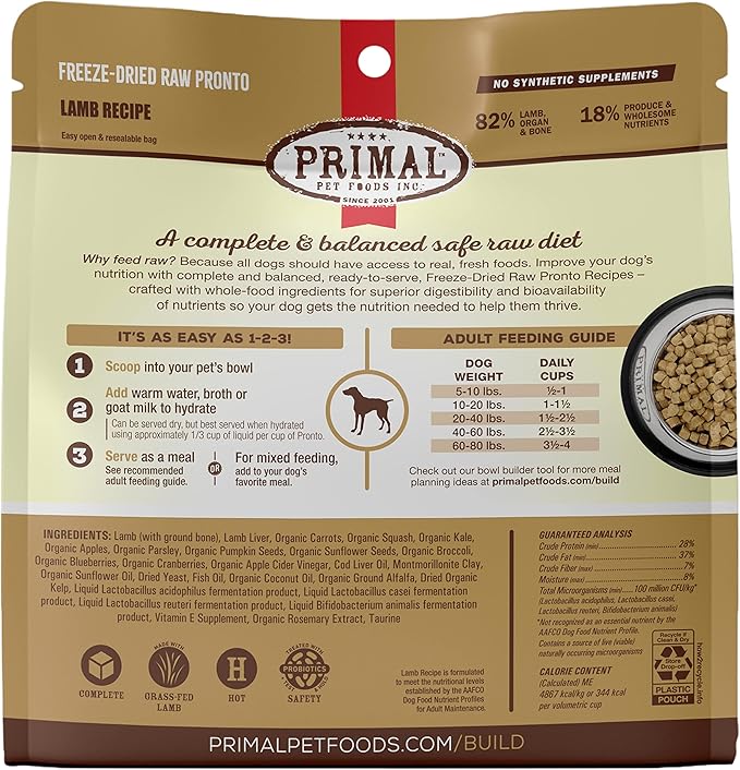 Primal Freeze Dried Dog Food Pronto, Lamb; Scoop & Serve, Complete & Balanced Meal; Also Use as Topper or Treat; Premium, Healthy, Grain Free, High Protein Raw Dog Food (16 oz, 2-Pack)