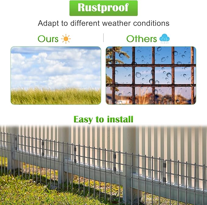 10 Pack Animal Barrier Fence, 17 in(H) X 10 Ft(L) No Dig Garden Decorative Fencing, Rustproof Metal Wire Panel Garden Fence Border for Dog Rabbits Ground Stakes Fence and Outdoor Landscape Yard