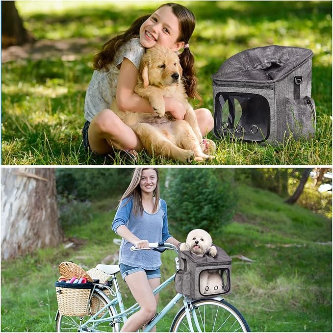 Ownpets Dog Bike Basket Foldable Pet Carrier, Dog Car Booster Seat with Mesh Windows, Adjustable Shoulder Bag Portable Breathable Bicycle Basket Bag for Dogs and Cats