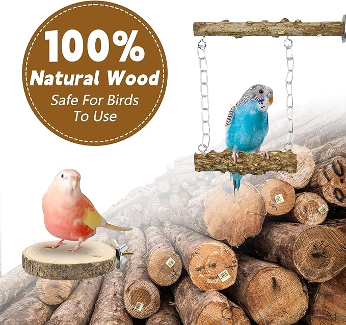 7PCS Bird Perches, Coconut Nest Hut with Ladder, Bird Swing and Stand for Small and Medium-Sized Parakeets, Conures and Budgies, Parrot Cockatiels Budgie Conure Finches Lovebirds