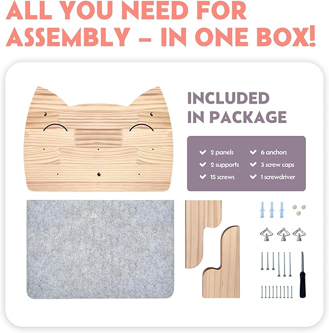 IDAE Cat Wall Shelf – Modern Wall-Mounted Furniture with Face Design – Wooden Perch for Large Indoor Pets – Natural Pine Climbing Shelf