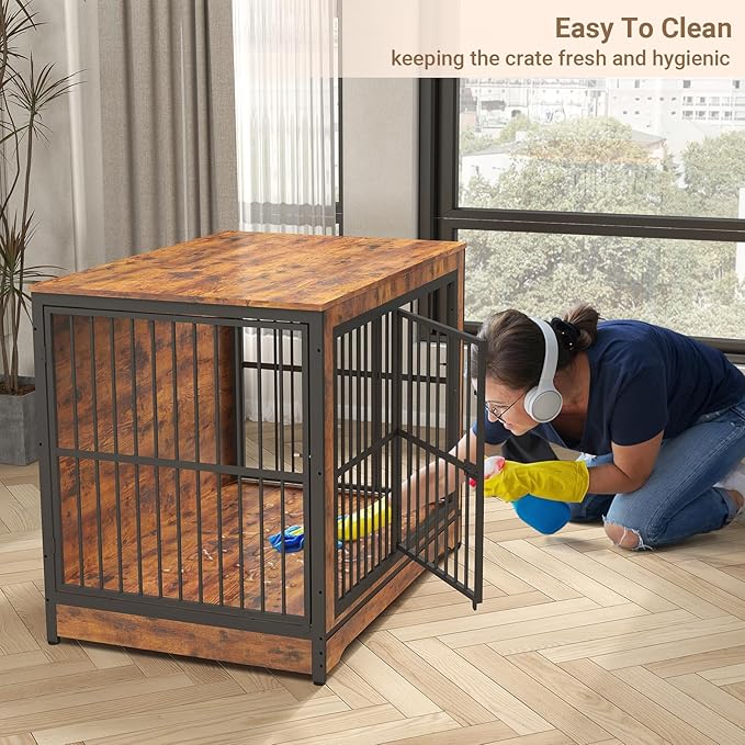 Rovibek 86 Inch Double Dog Crate Furniture, Wooden Dog Crate Furniture with Removable Divider & Trays, Decorative Dog Kennels for 2 Dogs Indoor with Three Doors, Rustic Brown