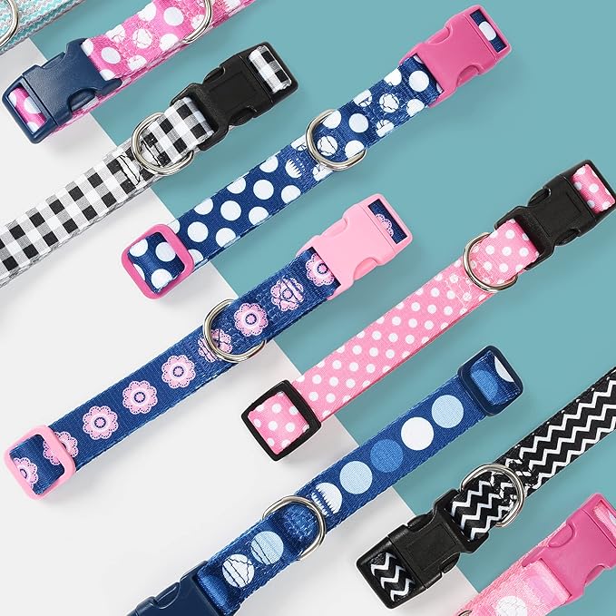 Mile High Life Dog Collar | Cute Puppy Collars | Lightweight Girl Dog Collar | Soft Boy Dog Collars | w Geometric Plaid Wave Line Pattern (Green Wave, Medium)