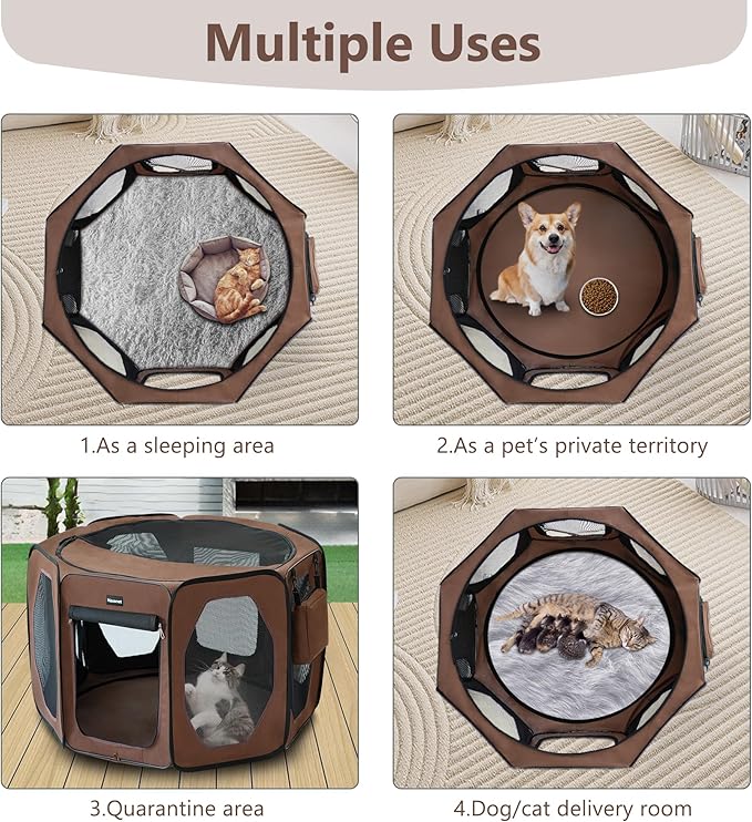 Dog Playpen, Cat Dog Crate Portable Pet Exercise Cage Kennel House Puppy Playpen Animal Playpen Indoor/Outdoor, Water-Resistant Kennel Tent with Traveling Bag (Brown, Medium)