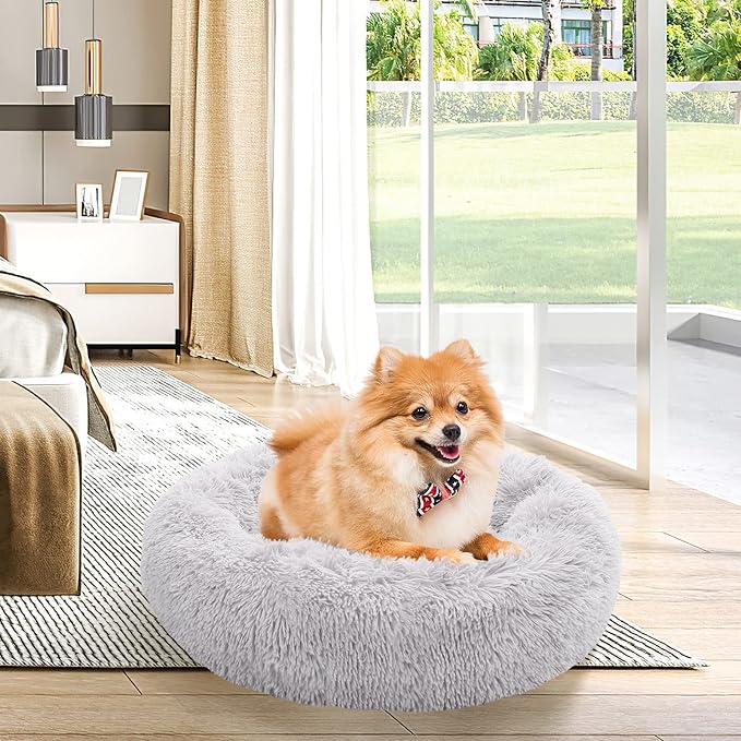 NOYAL Calming Donut Dog Bed for Small to Medium Dogs & Cats - Plush Faux Fur Anti-Anxiety Pet Bed with Machine Washable Cover & Non-Slip Base