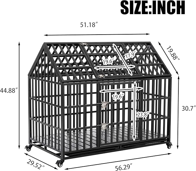 52" Heavy Duty Dog Crate,Metal Pet Cage Roof Strong Playpen with Sturdy Latches and Lockable Wheels,Large Kennel W/Removable Trays for Large Dogs,Black