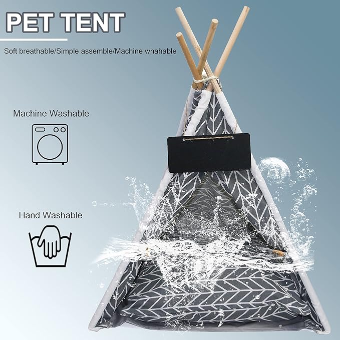 Pet Teepee, Portable Pet Tents for Small Dogs or Cats, Puppy Sweet Bed Washable Dog or Cat Houses with Cushion(Grey,24")