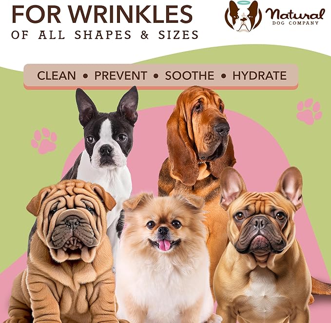 Natural Dog Company Wipes Bundle - (1) Wrinkle Balm Wipes, 50 Count (1) Skin Soother Wipes, 50 Count, Hypoallergenic, Soothing & Deoderizing Wipes for Dogs