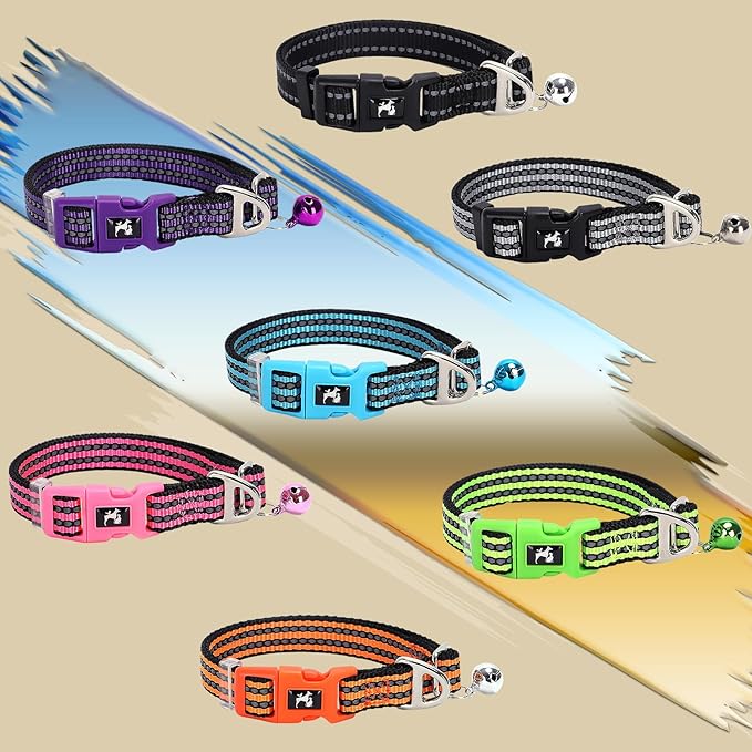 Reflective Dog and Cat Collar with Bell - Hypoallergenic Adjustable Puppy Collar for Small Pets, Soft Nylon Night Safety with Reflective Strips (Silver, XS)