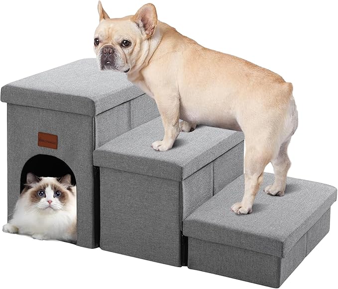 JOLLYVOGUE Dog Steps for Small Dogs, Cat Stairs with Storage, Non-Slip Dog Steps for Beds Couches, Foldable Pet Stairs Helper for High Beds, Dog Ramp for Small Cats, 3-Tiers, Hold Up to 200 lbs